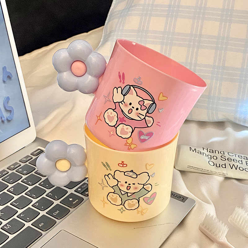 卡通音乐猫咪花朵手柄漱口杯少女心刷牙杯学生宿舍情侣儿童洗漱杯