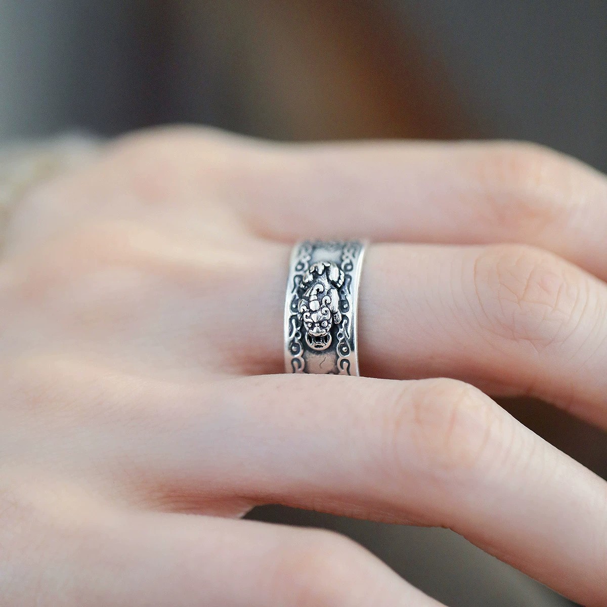 925银复古新中式宽面貔貅铜钱戒指环开口调节小众设计高级感女士