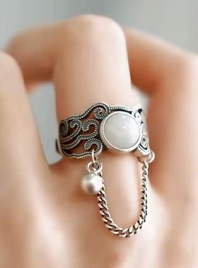 925银复古新中式镂空祥云流苏蕾丝和田玉戒指环开口调节女民族风