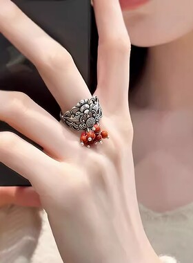 925银复古新中式南红玛瑙蝙蝠流苏戒指环开口调节简约做旧百搭女