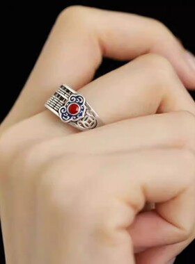 925银复古新中式景泰蓝祥云算盘戒指环开口调节百搭精致民族风女