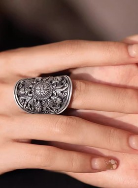 925银复古新中式做旧蝙蝠椭圆戒指环开口调节民族风女士百搭小众