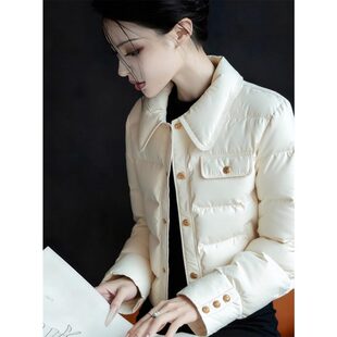 秋季小个子洋气减龄翻领短款上衣高端时髦韩系小香风白色棉服外套