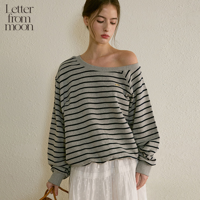 【允仔同款】Letter from moon斜肩条纹设计款卫衣新款露肩上衣女