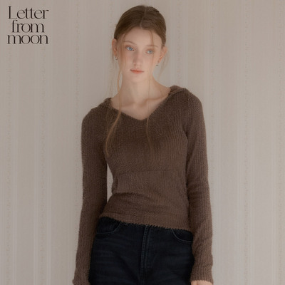 Letter from moon蓬松V领修身连帽衫2025冬季新款休闲针织女上衣