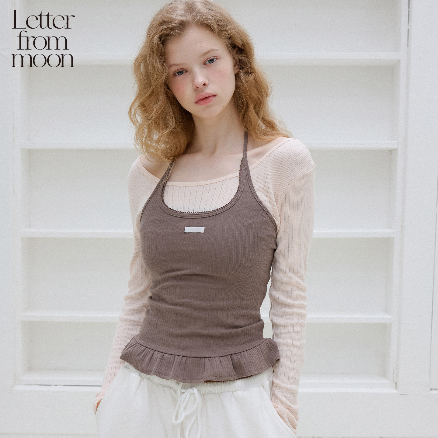 Letter from moon25年秋季新款荷叶边U领挂脖吊带背心内外搭上衣