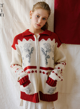 【迪丽热巴同款】Letter from moon玫瑰花羊毛针织费尔岛风毛衣女