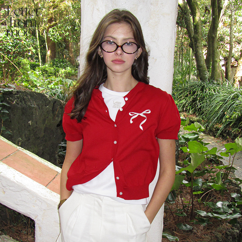 Letter from moon蝴蝶结刺绣短袖开衫2024夏季女T恤