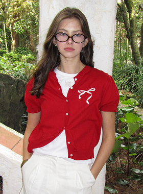 Letter from moon蝴蝶结刺绣短袖开衫2024夏季女T恤