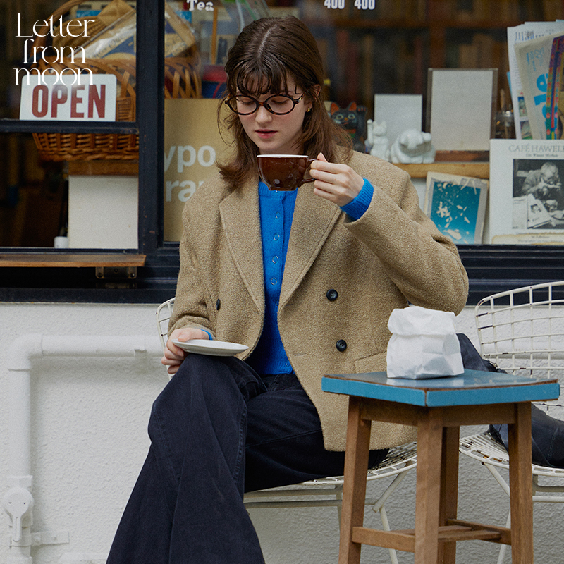 Letter from moon短款双排扣羊毛外套24秋冬款复古毛呢西装上衣女