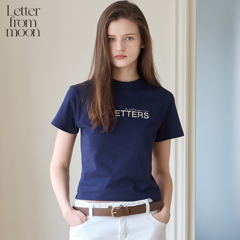 Letter from moon品牌logo刺绣T恤2025年夏季新款修身纯棉短袖女