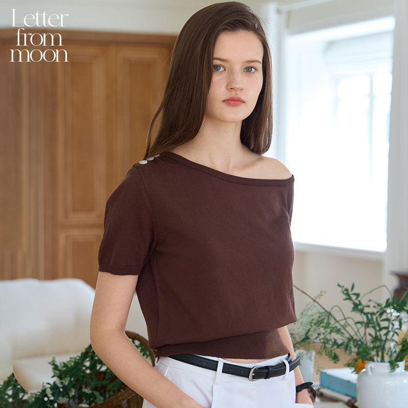 Letter from moon纽扣露肩针织T恤衫2025年夏季新款个性纯棉短袖