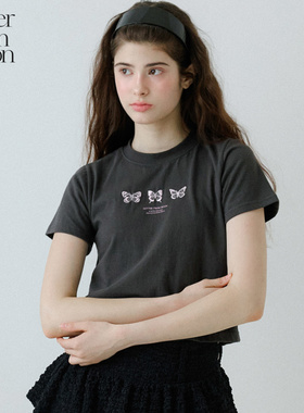 【Jennie同款】Letter from moon蝴蝶刺绣短袖女短款T恤