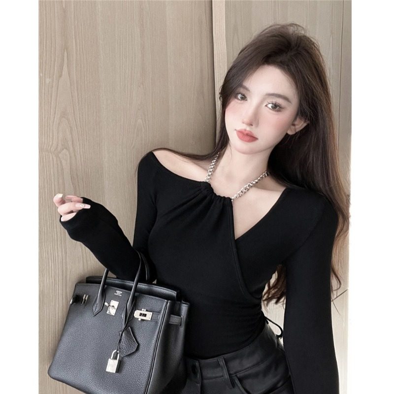 露肩链条挂脖气质百搭显瘦长袖上衣女纯色T恤,女装/女士精品,T恤,淘宝优惠券,粉丝福利购,淘宝优惠卷