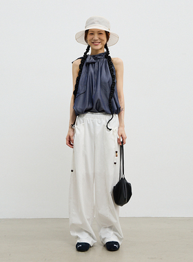 LLCALL 串珠抽绳蕾丝拼接空气感廓形口袋白色莱赛尔舒适休闲裤