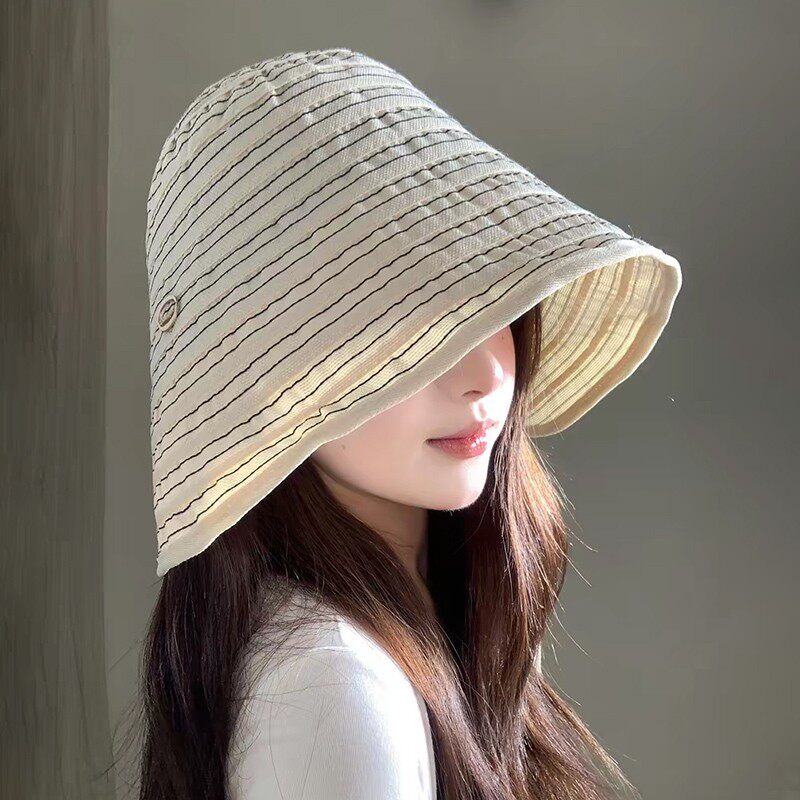 Dorain朵澜韩版水桶环绕式防晒条纹遮阳渔夫帽百搭遮脸大檐帽子女