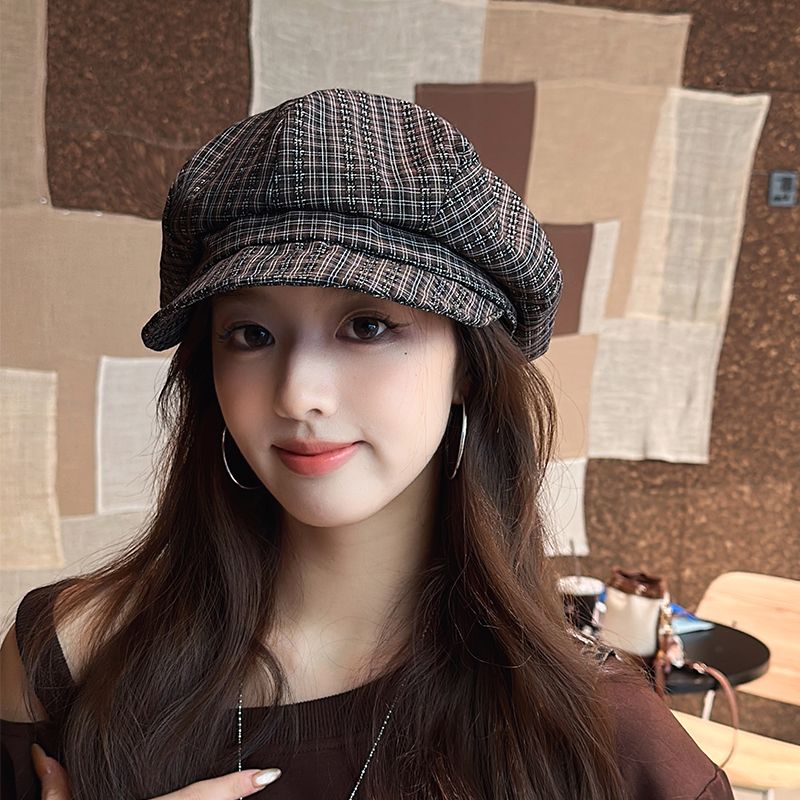 朵澜日系格纹云朵贝雷帽女2025秋季百搭显脸小画家帽大头围八角帽