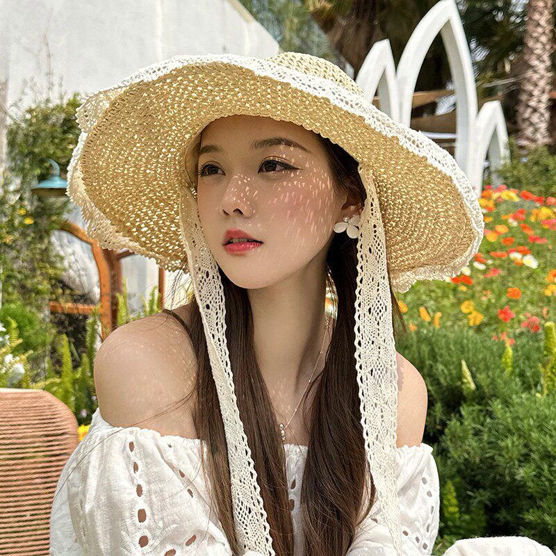 Dorain朵澜海边度假草帽女款夏草编渔夫帽蕾丝沙滩太阳遮阳防晒帽