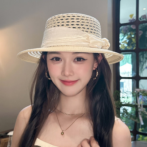 朵澜法式镂空平顶草帽女夏季优雅礼帽出游海边度假风遮阳防晒帽子