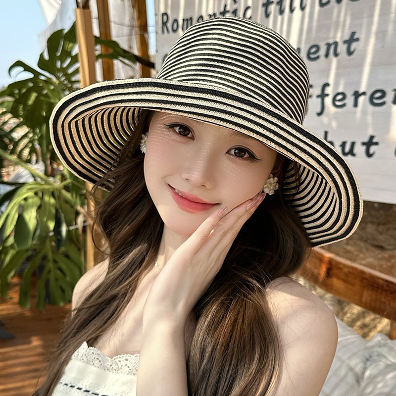 Dorain朵澜韩系条纹防晒帽女夏季大帽檐遮阳防紫外线百搭渔夫帽子