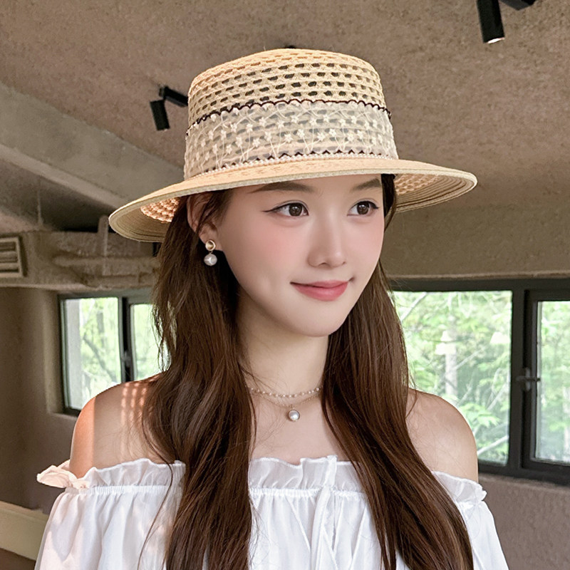 朵澜蕾丝镂空平顶草帽女2026夏季新款氛围感海边度假遮阳防晒帽子