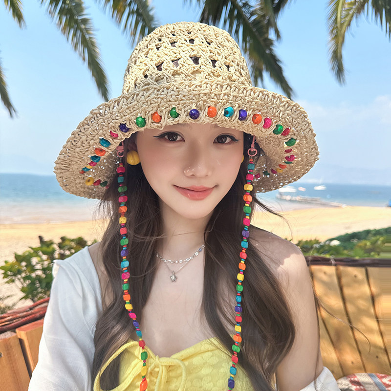 朵澜泫雅同款草帽女夏大帽檐遮阳防晒帽可收纳沙滩度假草编渔夫帽