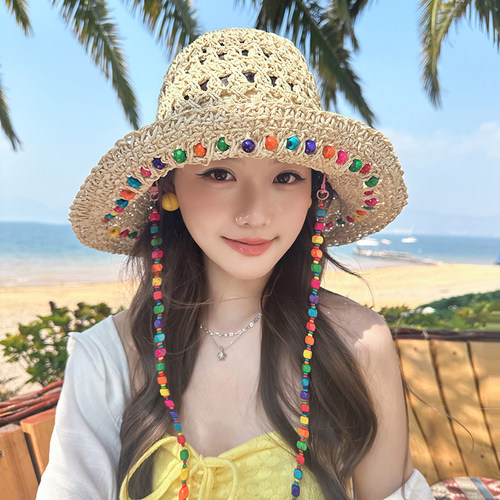 朵澜泫雅同款草帽女夏大帽檐遮阳防晒帽可收纳沙滩度假草编渔夫帽