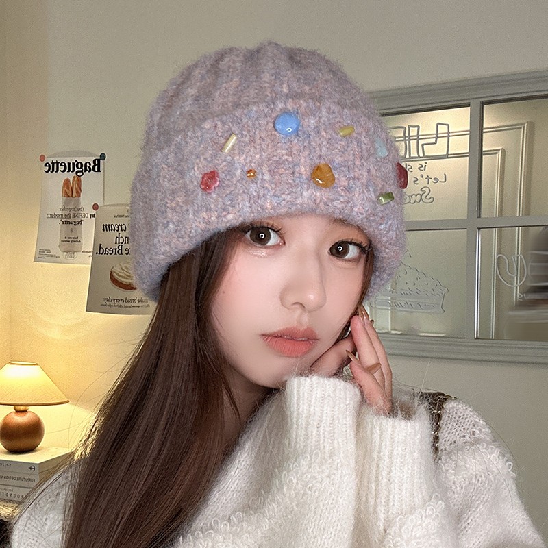 朵澜韩版可爱毛线帽女秋冬新款弹力保暖大头围针织包头帽护耳帽子