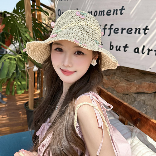 朵澜2026夏季新款草帽女出游沙滩遮阳防晒帽子大帽檐显脸小太阳帽