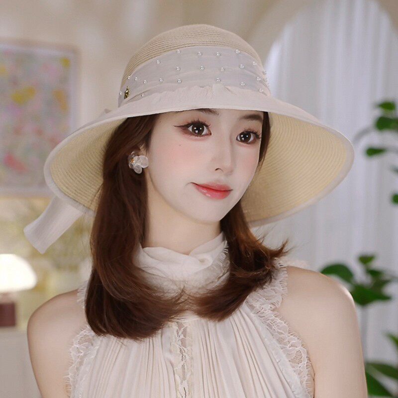 Dorain朵澜韩版大檐珍珠网纱蝴蝶结草帽气质防晒帽出游度假帽子女