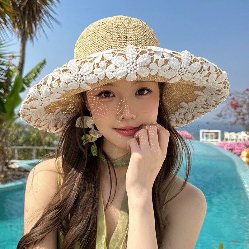 Dorain/朵澜小众定制蕾丝仙女拉菲草渔夫可折叠防紫外线蕾丝草帽