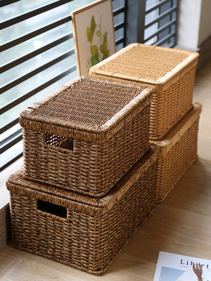 闲 储翻盖防尘彷藤编收纳篮客厅家用整体橱柜格子整理储物收纳盒