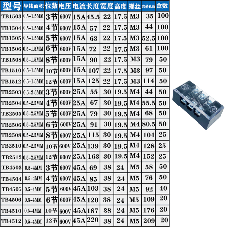 TB接线端子排15A25A45铜件tb1503/1504/1505/1506/1508/1510/1512