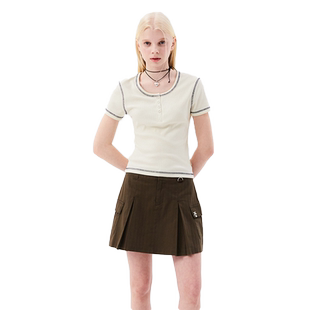 樱桃KIRSH u领半开襟短袖T恤女夏季韩版修身显瘦少女短款上衣夏