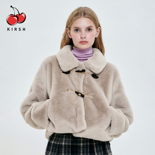 KIRSH翻领牛角扣短款毛绒外套女冬季小个子洋气潮环保皮草年轻款