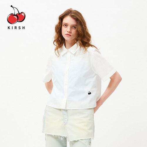 kirsh樱桃刺绣夏季通勤短袖翻领白色衬衫女韩系简约宽松休闲上衣