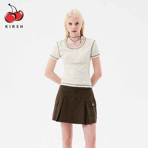 kirsh短袖T恤显瘦少女u领按扣