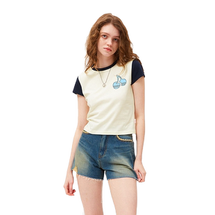 樱桃KIRSH 拼色短袖T恤女夏季韩版新款日常少女百搭宽松短上衣