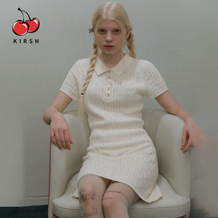 kirsh樱桃法式气质绝美翻领麻花针织连衣裙短款修身显瘦短袖A字裙