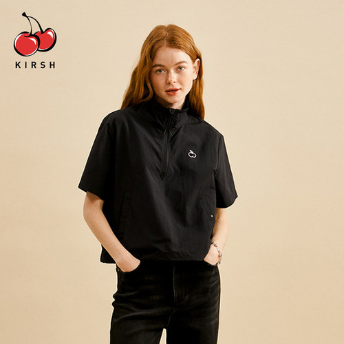 kirsh樱桃图案休闲运动风黑色立领半拉链短袖衬衫女夏季宽松上衣
