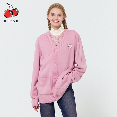 kirsh中长针织毛衣开衫v领学院风