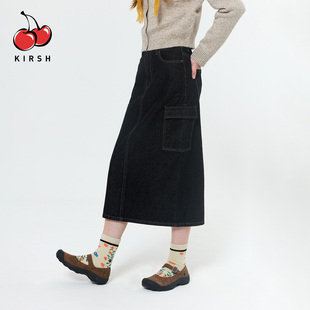 kirsh复古韩版中长款工装牛仔半身裙秋冬女大口袋直筒休闲中长裙