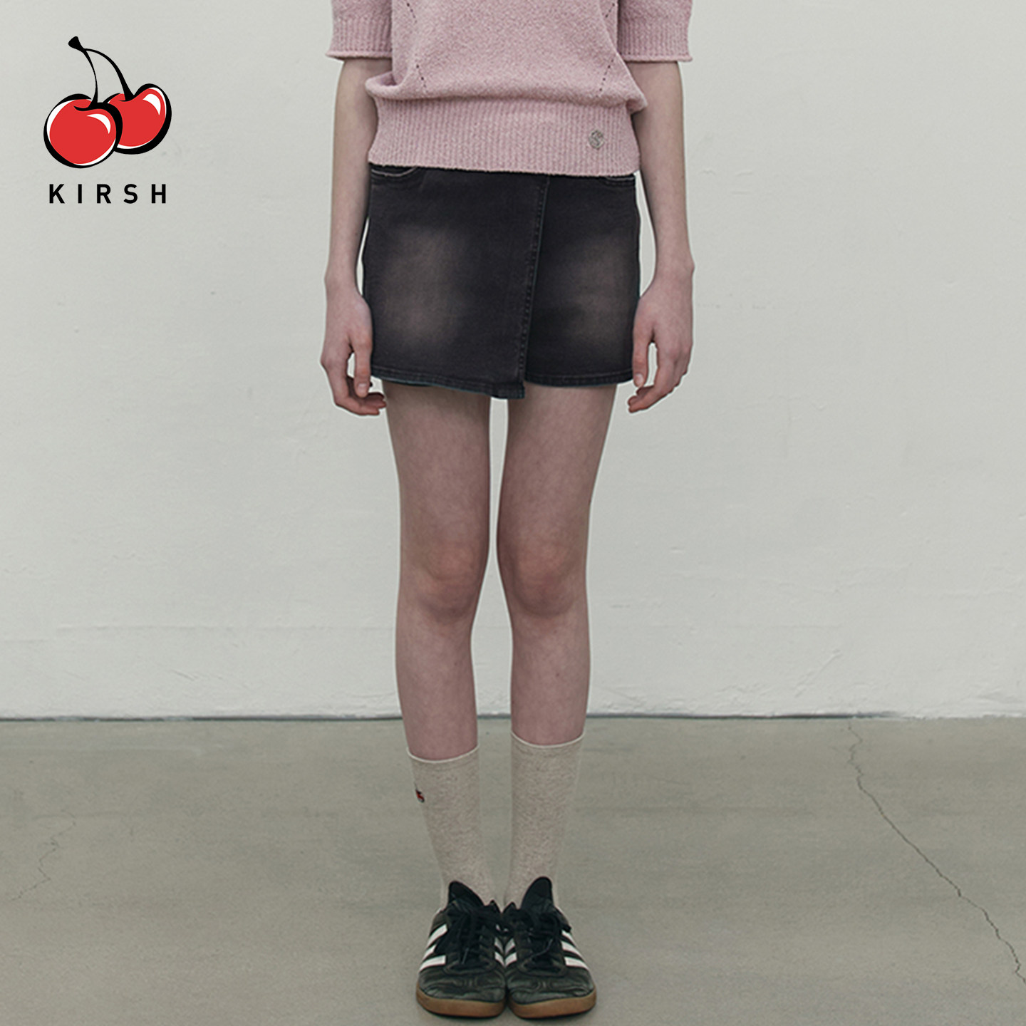 kirsh韩系牛仔假两件裙裤一体短款高腰修身显瘦a字直筒半身裙短裤图片