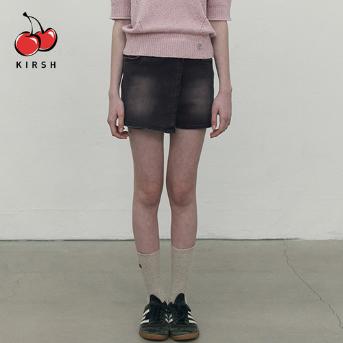 kirsh韩系牛仔假两件裙裤一体短款高腰修身显瘦a字直筒半身裙短裤