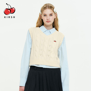 kirsh樱桃刺绣韩系学院风V领麻花针织背心女秋冬短款无袖毛衣马甲
