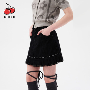 酷辣风黑色牛仔半身裙女高腰显瘦百搭蕾丝边A字短裙设计感