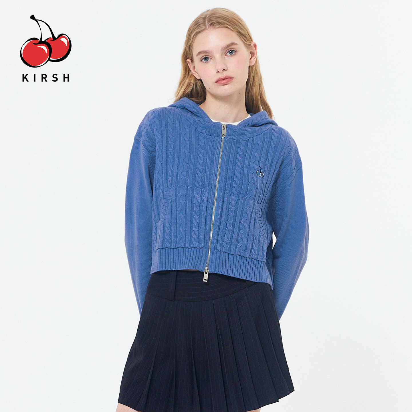 kirsh樱桃蓝色连帽卫衣麻花针织毛衣女秋冬慵懒风拉链开衫短上衣