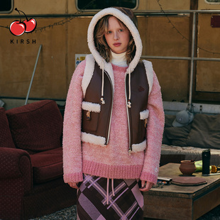 kirsh美拉德短款皮毛一体马甲女冬洋气减龄时髦外穿撞色连帽马夹