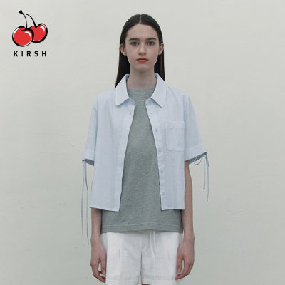 kirsh蓝色翻领竖条纹短袖衬衫女夏韩版肌理感衬衣休闲外套短上衣