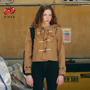 kirsh大樱桃英式学院风牛角扣短款毛呢大衣女秋冬美拉德连帽外套